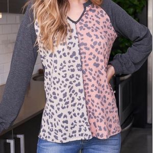 Plus Size Leopard Print Long Sleeve Waffle Top
